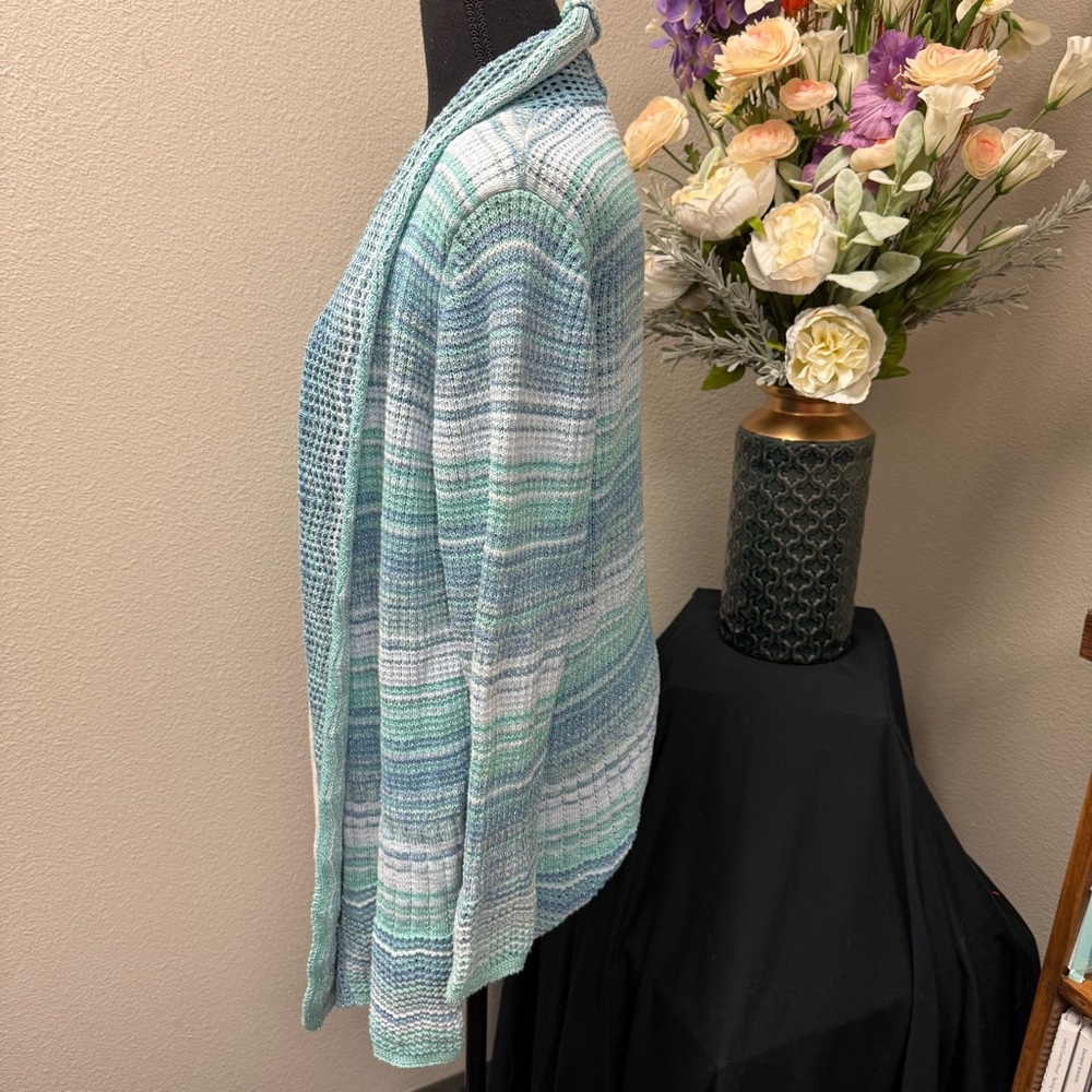 Alfred Dunner Aqua Knit Cardigan M | Open Front Layered Sweater Set Spring - Picture 2 of 8